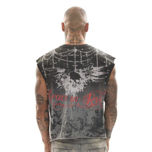 FATAL MOTION RAW EDGE CROPPED GRAPHIC MUSCLE TEE