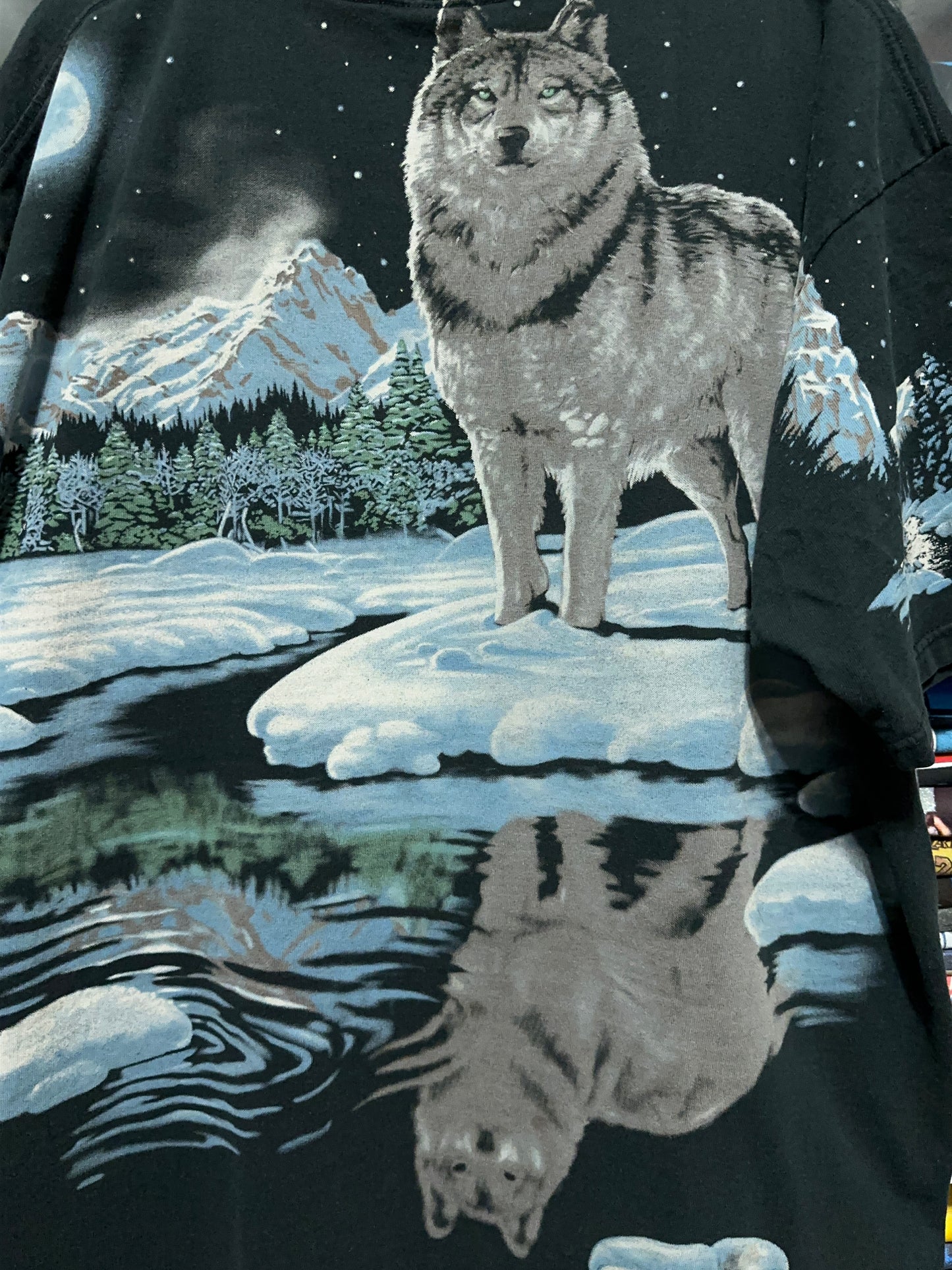 Vintage 90s Liquid Blue Wolf All Over Print Nature Tee XL