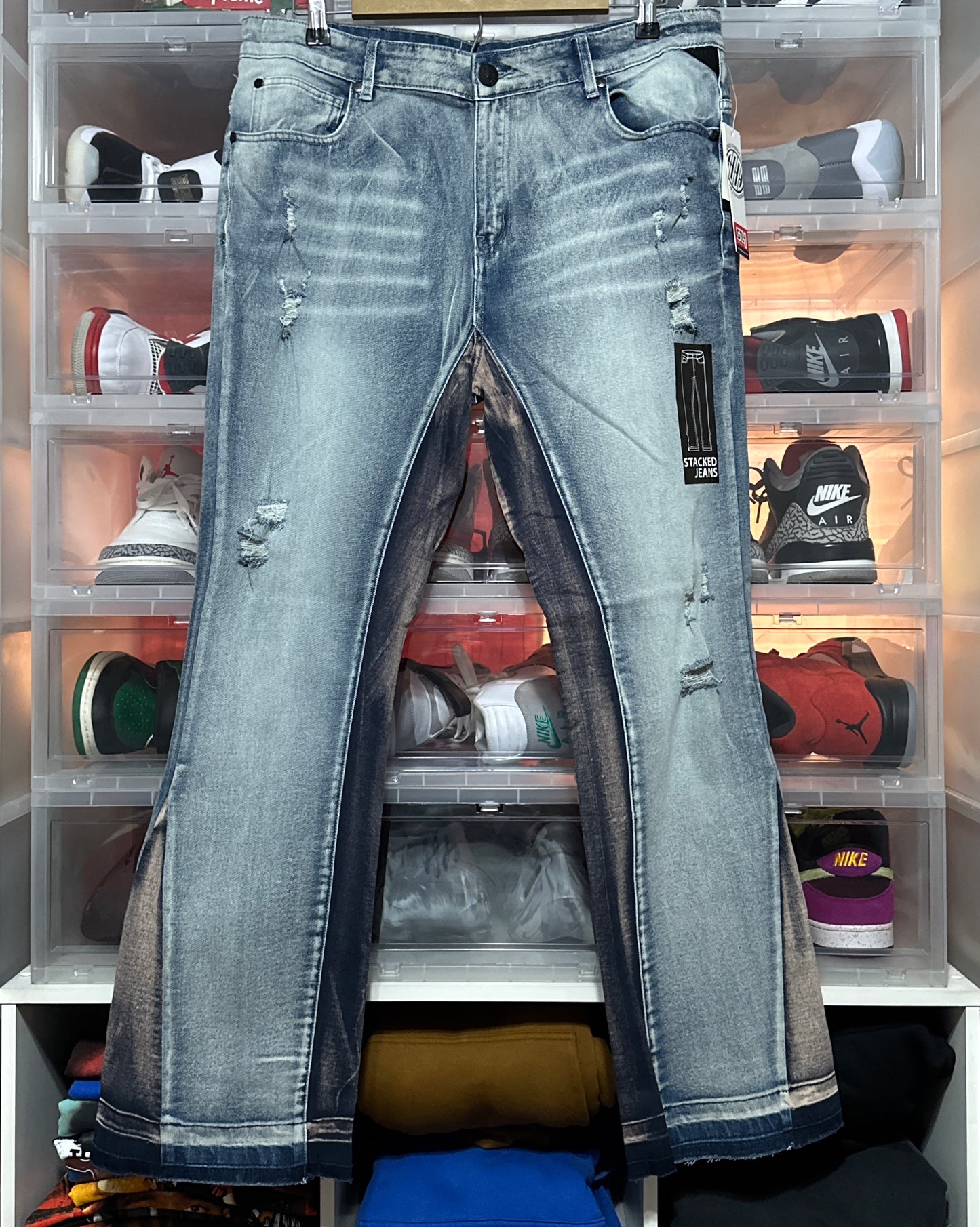 Good Things Last Forever Stacked And Flared Denim Jeans Blue