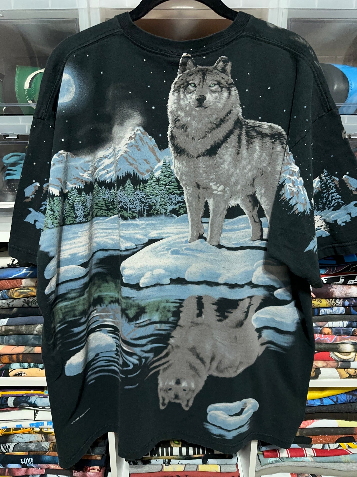 Vintage 90s Liquid Blue Wolf All Over Print Nature Tee XL