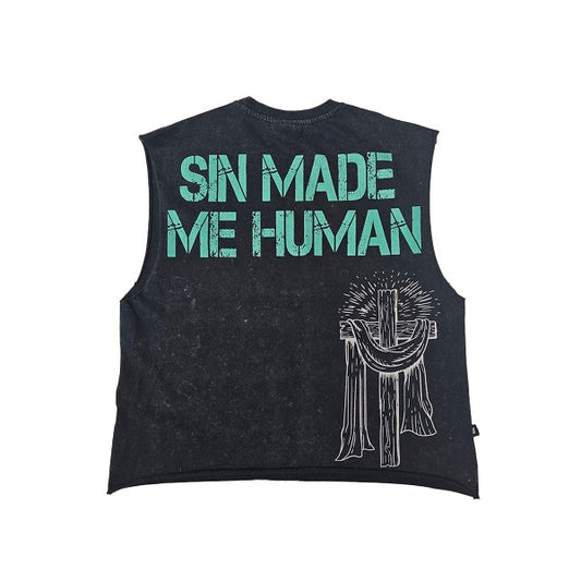 REBORN RAW EDGE GRAPHIC CROPPED MUSCLE TEE