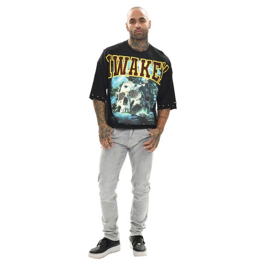 AWAKEN RAW EDGE CROPPED GRAPHIC TEE