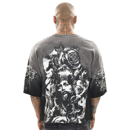 SANCTUS GARMENT WASHED RAW EDGE CROPPED GRAPHIC TEE