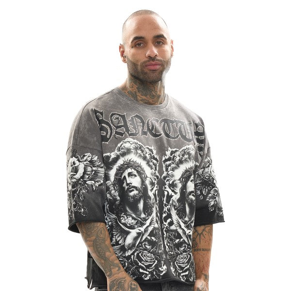 SANCTUS GARMENT WASHED RAW EDGE CROPPED GRAPHIC TEE