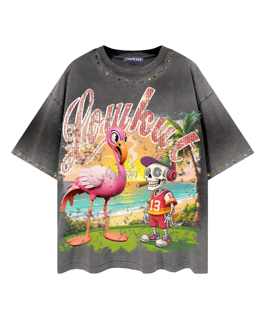 LOWKUT FLAMINGO CRYSTAL TEE DARK GREY PREORDER