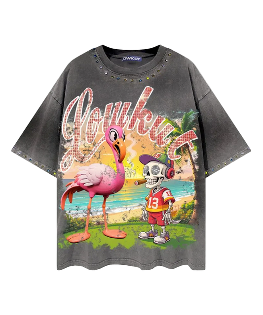 LOWKUT FLAMINGO CRYSTAL TEE DARK GREY