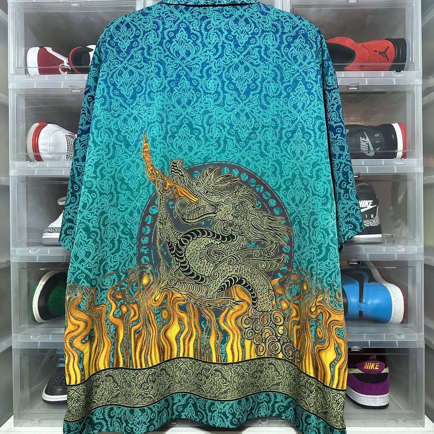 Y2K Dragon Flames All Over Print Anime Button Up Shirt XL