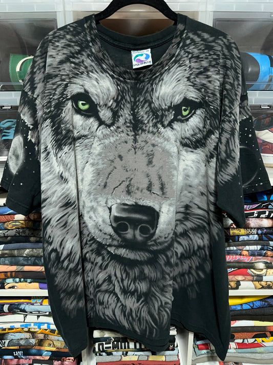 Vintage 90s Liquid Blue Wolf All Over Print Nature Tee XL