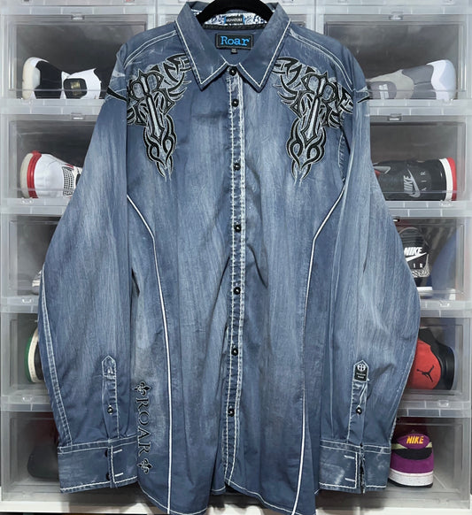 Roar Signature Embroidered Affliction Style Long Sleeve Button Up Shirt Size XXL