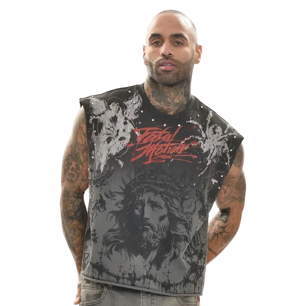 FATAL MOTION RAW EDGE CROPPED GRAPHIC MUSCLE TEE
