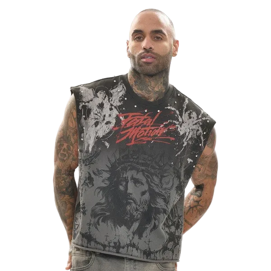 FATAL MOTION RAW EDGE CROPPED GRAPHIC MUSCLE TEE