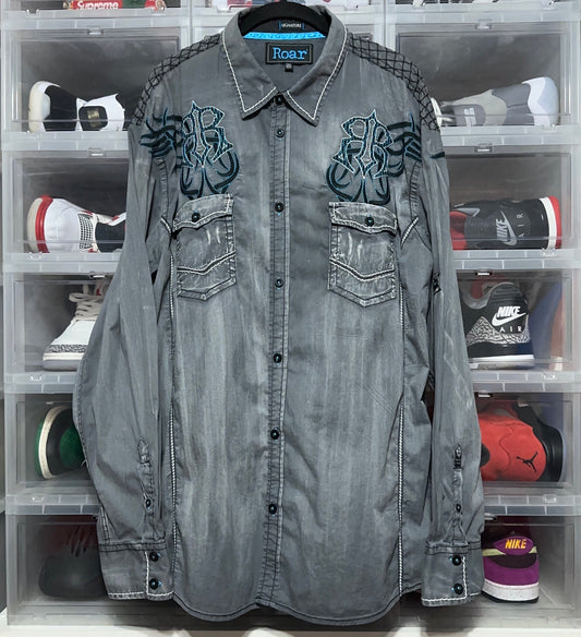 Roar Signature Embroidered Affliction Style Long Sleeve Button Up Shirt Size XXL