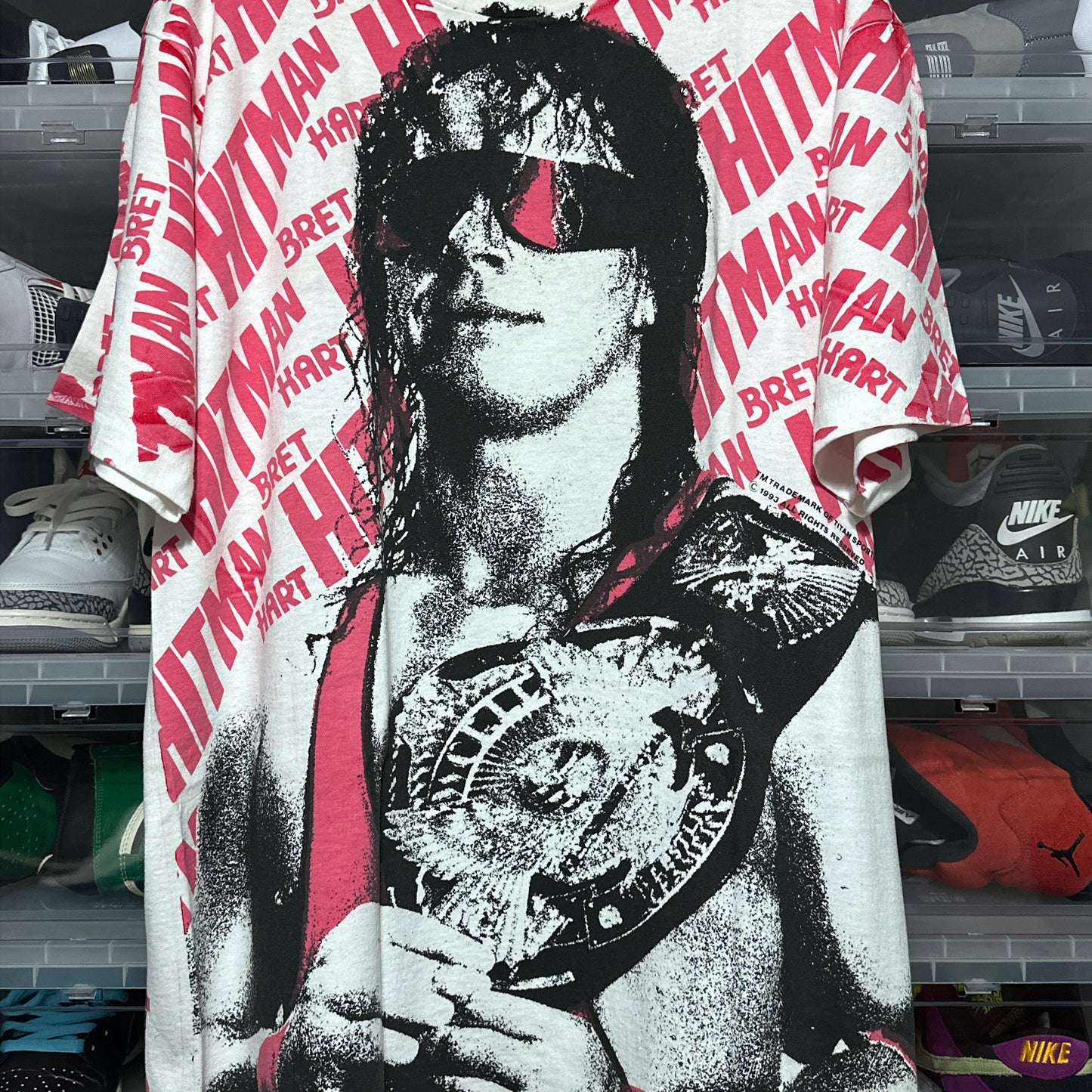 Vintage WWF Bret Hart The Hitman All Over Print Wrestling Tee XL