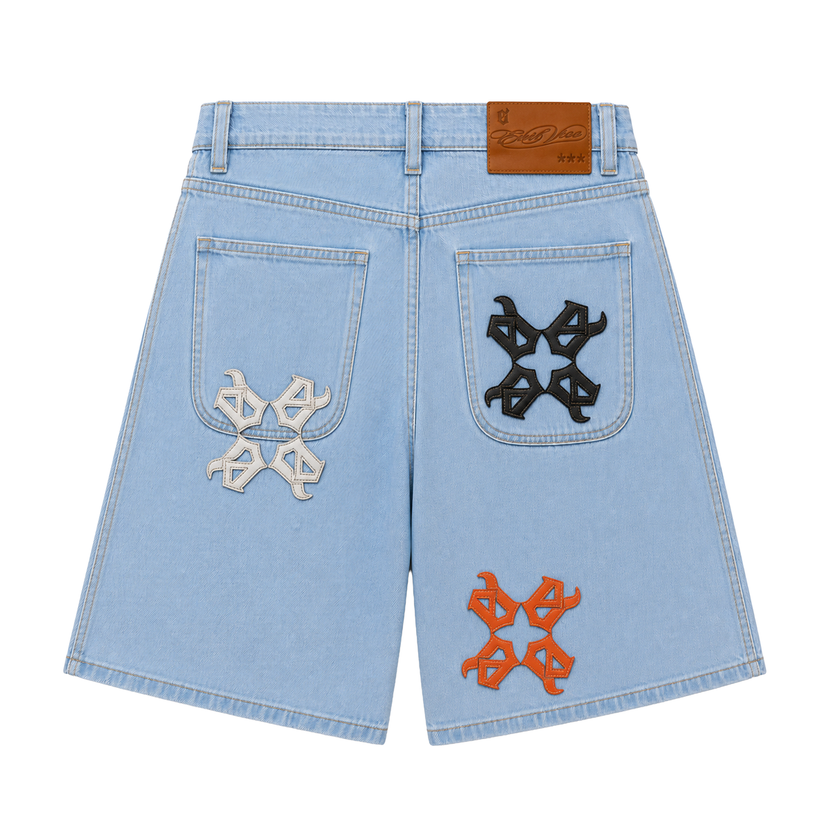 EVIL VICE LEATHER STARS DENIM SHORTS BLUE