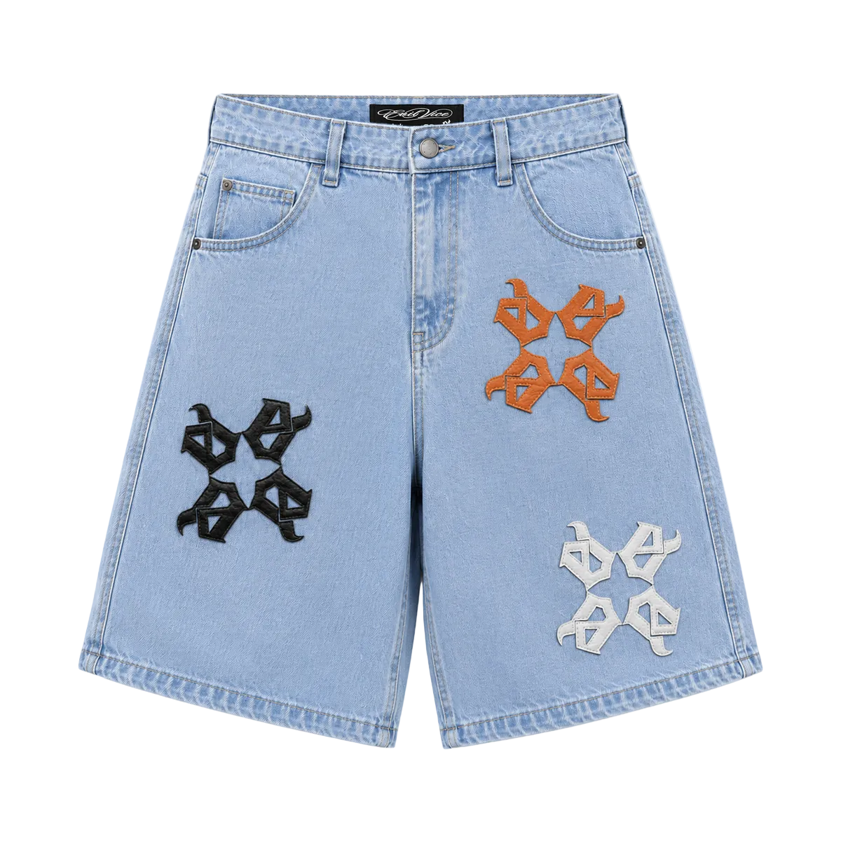 EVIL VICE LEATHER STARS DENIM SHORTS BLUE