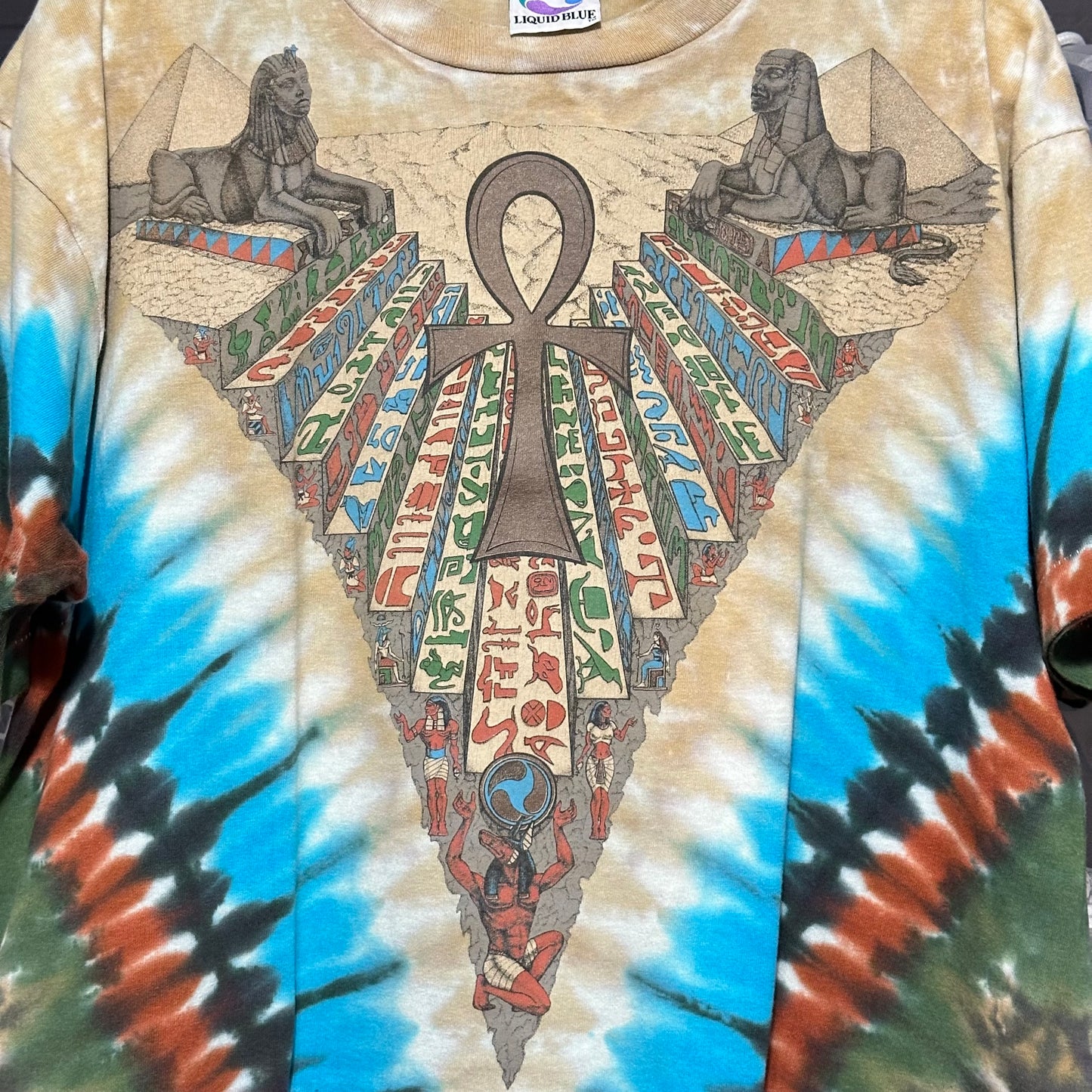 Vintage 90s Liquid Blue Egyptian All Over Print Tie Dye T-Shirt XL