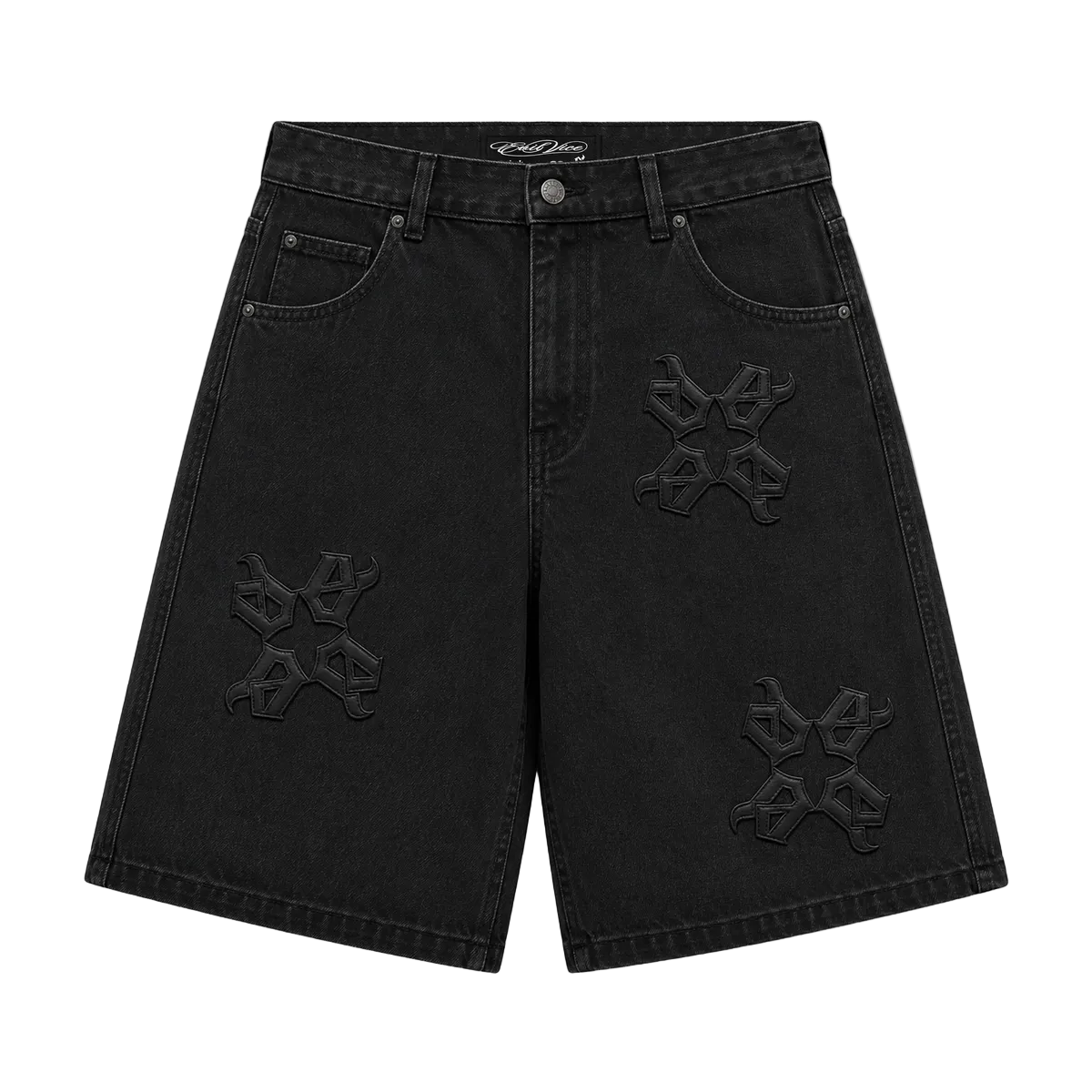 EVIL VICE LEATHER STARS DENIM SHORTS BLACK
