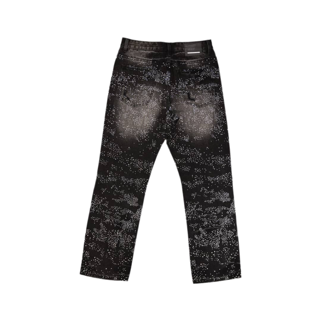 FIRST ROW ALLOVER RHINE STONE DISTRESSED JEANS BLACK