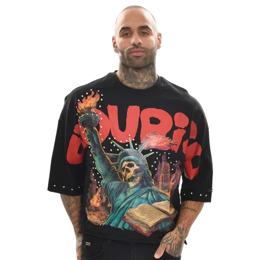 FLOURISH LIBERTY RAW EDGE CROPPED GRAPHIC TEE