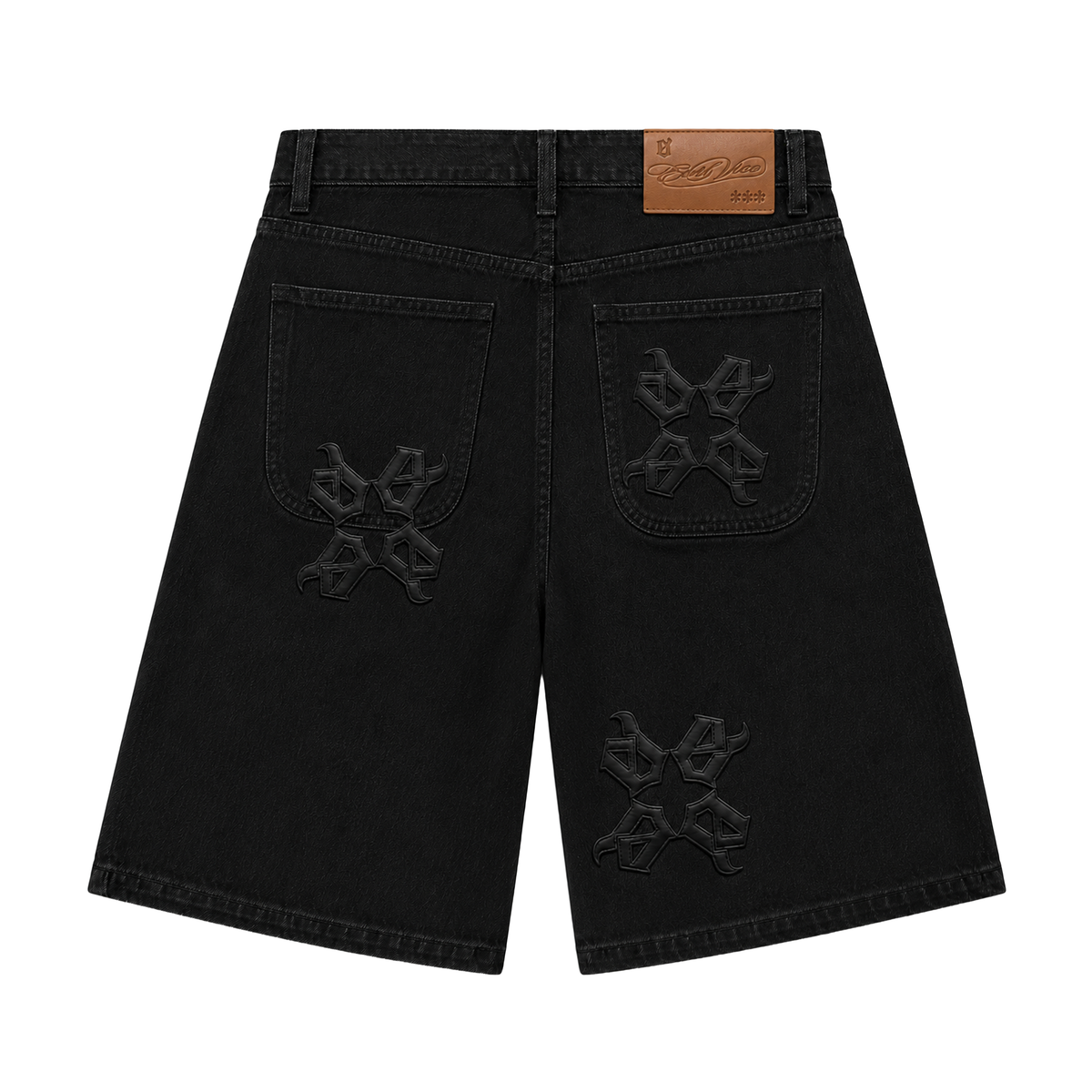 EVIL VICE LEATHER STARS DENIM SHORTS BLACK