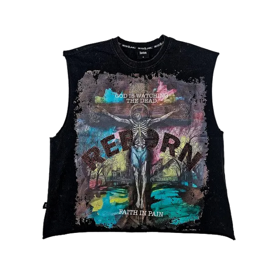 REBORN RAW EDGE GRAPHIC CROPPED MUSCLE TEE