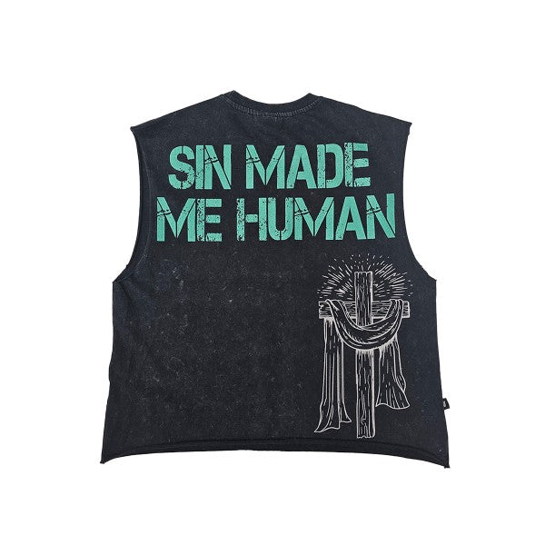 REBORN RAW EDGE GRAPHIC CROPPED MUSCLE TEE