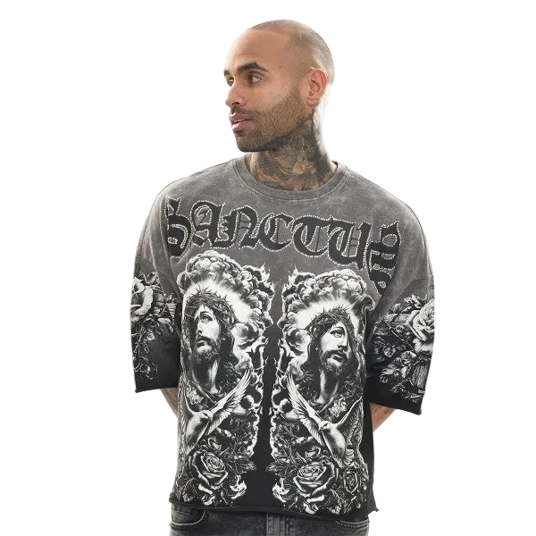 SANCTUS GARMENT WASHED RAW EDGE CROPPED GRAPHIC TEE