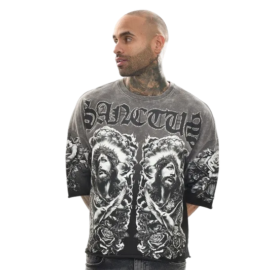 SANCTUS GARMENT WASHED RAW EDGE CROPPED GRAPHIC TEE