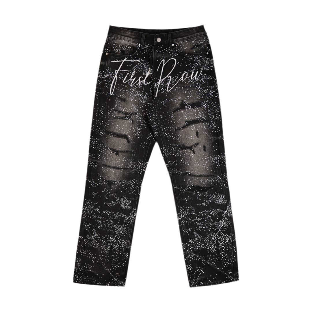 FIRST ROW ALLOVER RHINE STONE DISTRESSED JEANS BLACK