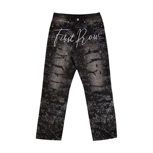FIRST ROW ALLOVER RHINE STONE DISTRESSED JEANS BLACK