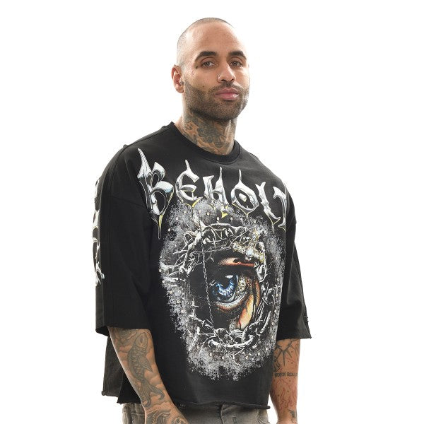 BEHOLD RAW EDGE CROPPED GRAPHIC TEE