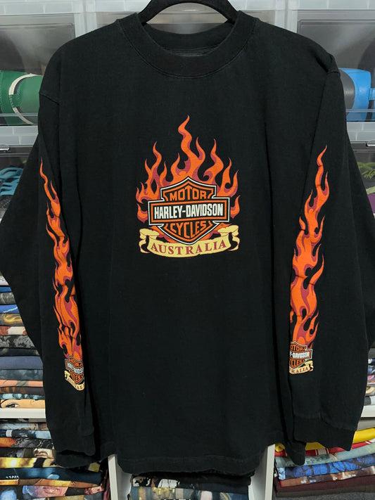 Vintage Harley Davidson Flames Logo Long Sleeve Graphic Tee Large