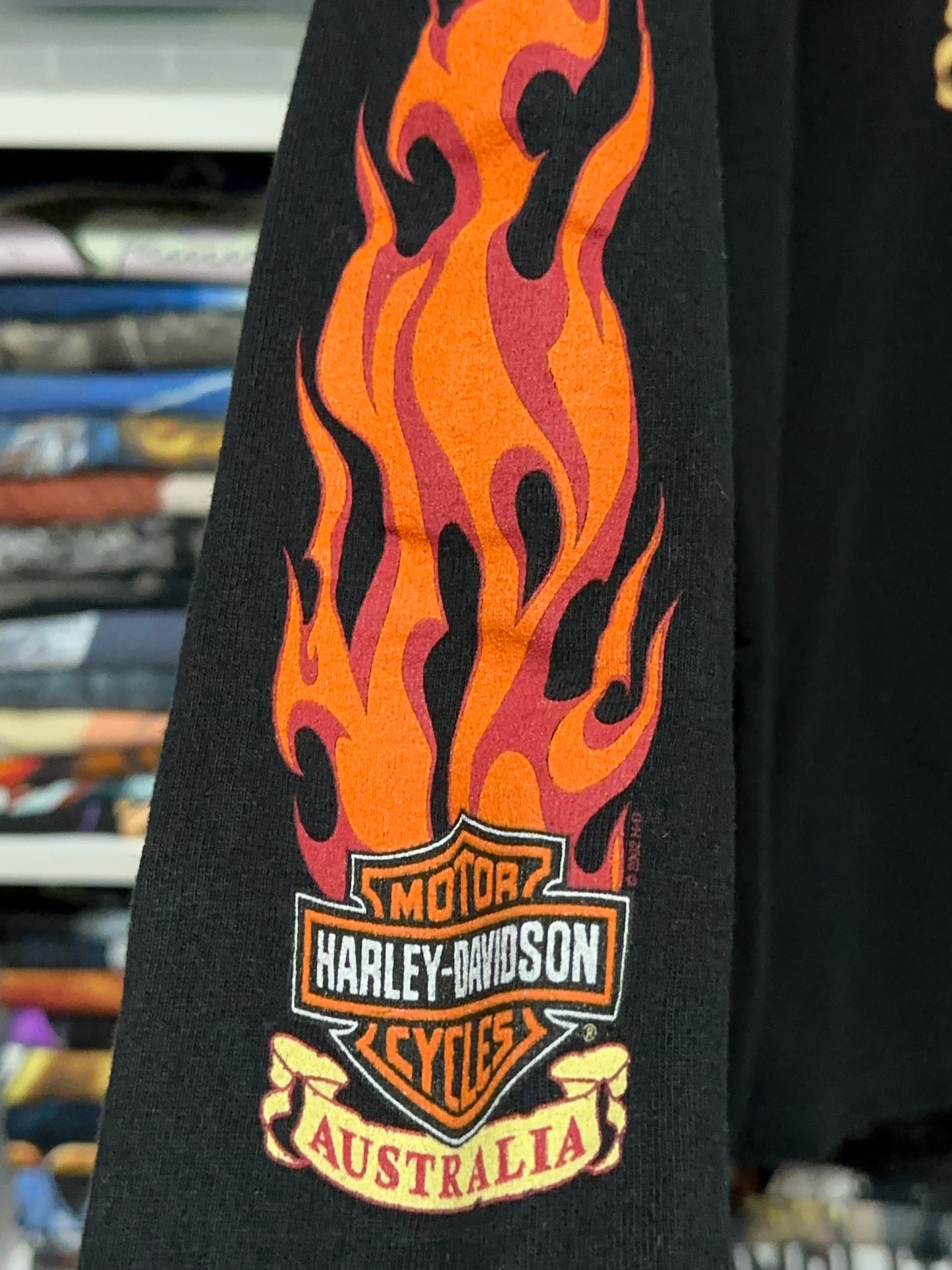 Vintage Harley Davidson Flames Logo Long Sleeve Graphic Tee Large