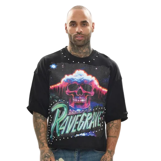 RAVE GRAVE RAW EDGE CROPPED GRAPHIC TEE