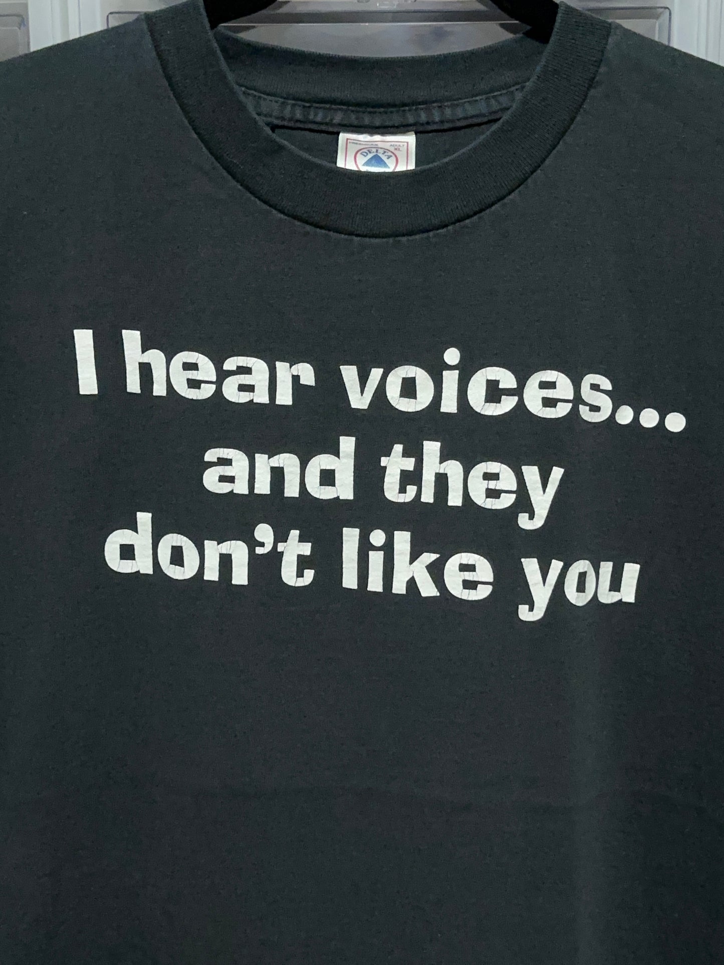 Y2K I Hear Voices And They Don't Like You Funny Adult Humor Tee XL